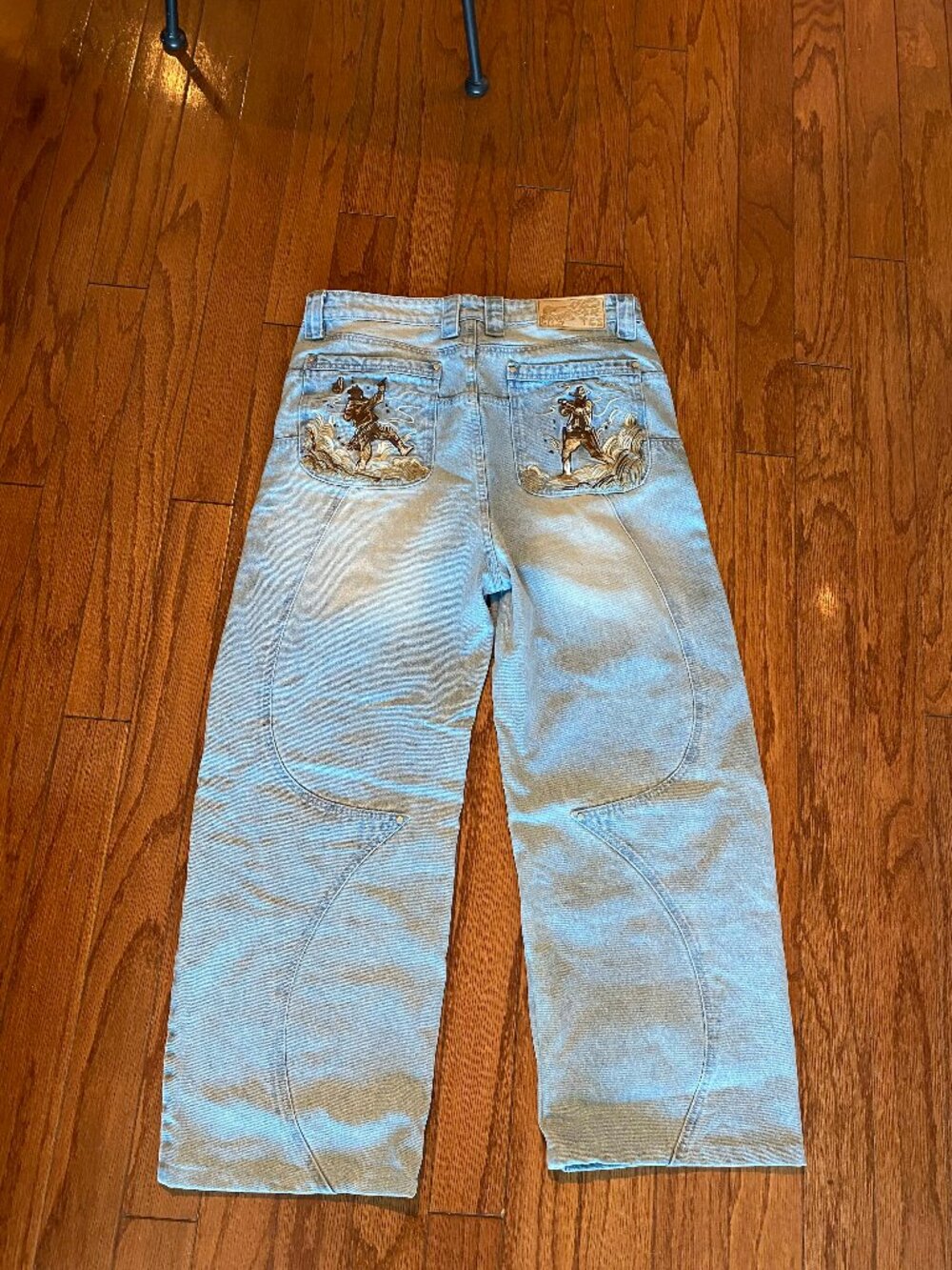 Vescartes Fast Draw Denim 34x31 Light Blue Baggy Bootcut Embroidered Jeans